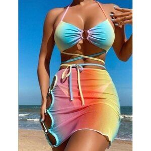 Multicolor Ombre Lace Up Bikini Swimsuit With Beach Skirt